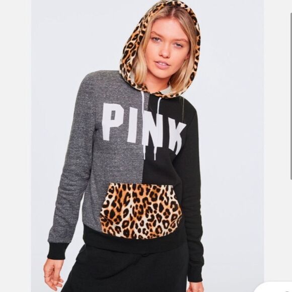 Victoria's Secret Pink Leopard Colorblock Hoodie Black Gray Fitted - Picture 1 of 7